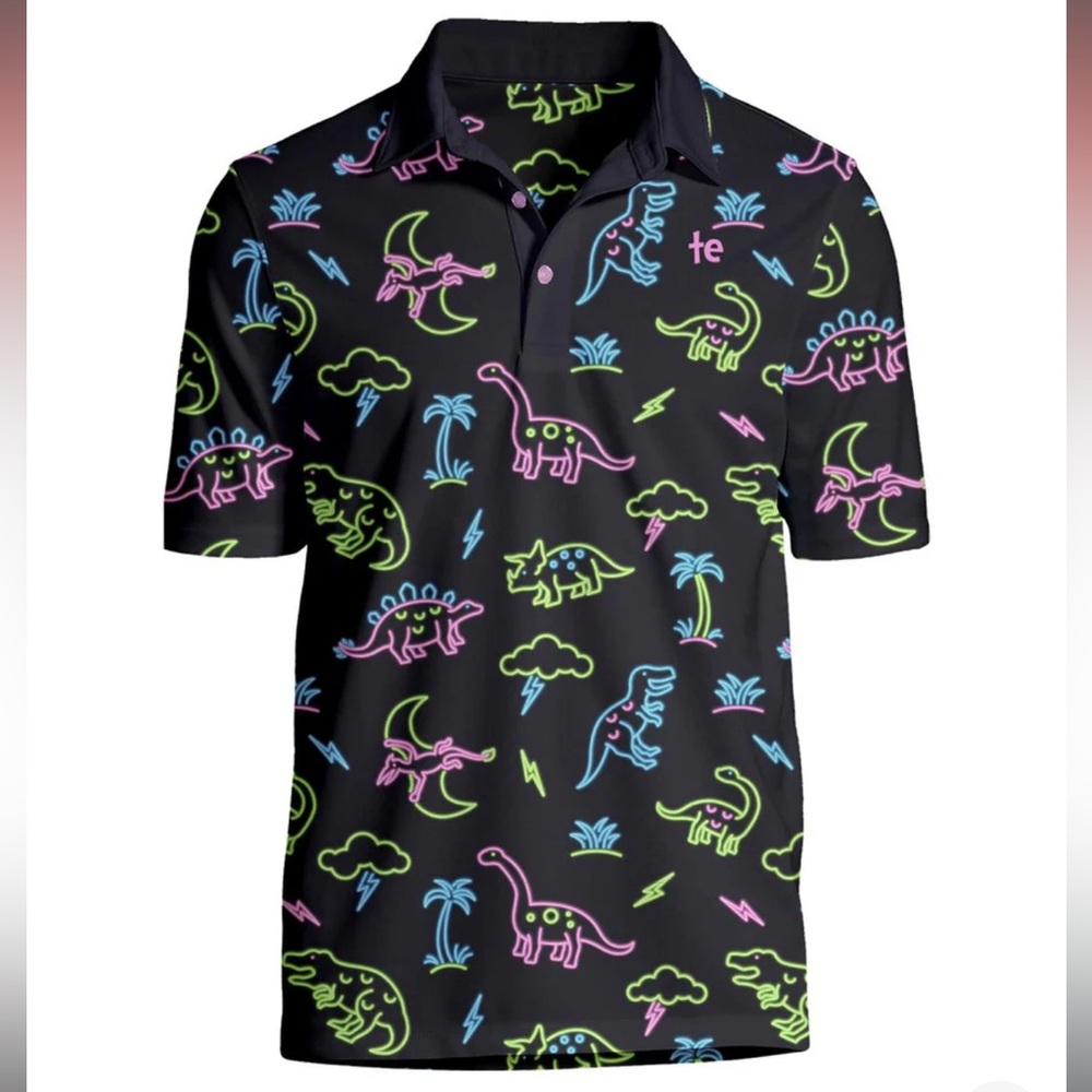 Tipsy Elves Men’s Neon Dinosaur Golf Polo, Size XL, EUC